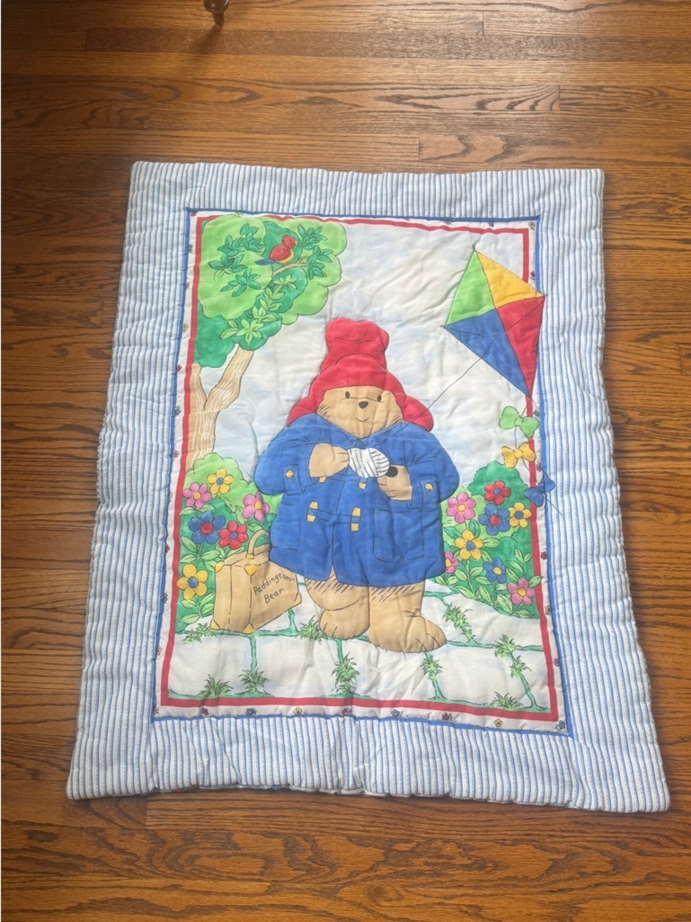 Vtg Paddington Bear Quilted Baby Blanket with Kite